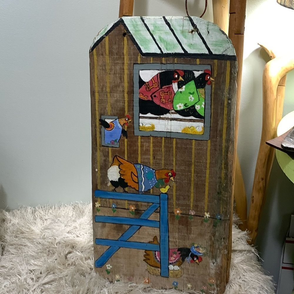 Farmhouse Barnyard Chicken Coop Scene Wall Decor Hand Painted On Distressed Wood